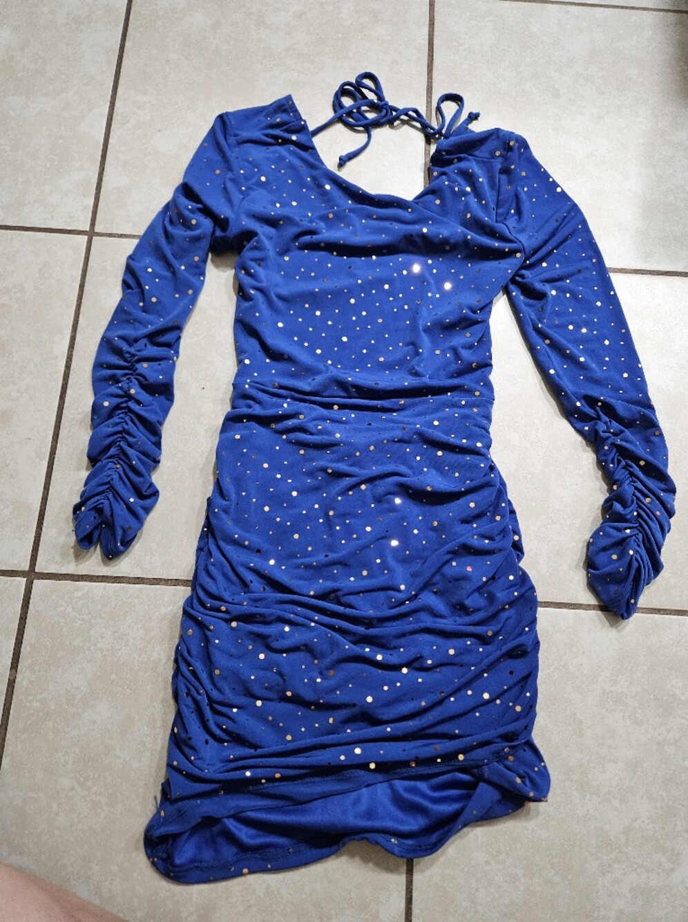 Lucky in Love Royal Blue Long Sleeve Ruched Dress with Metallic Dots